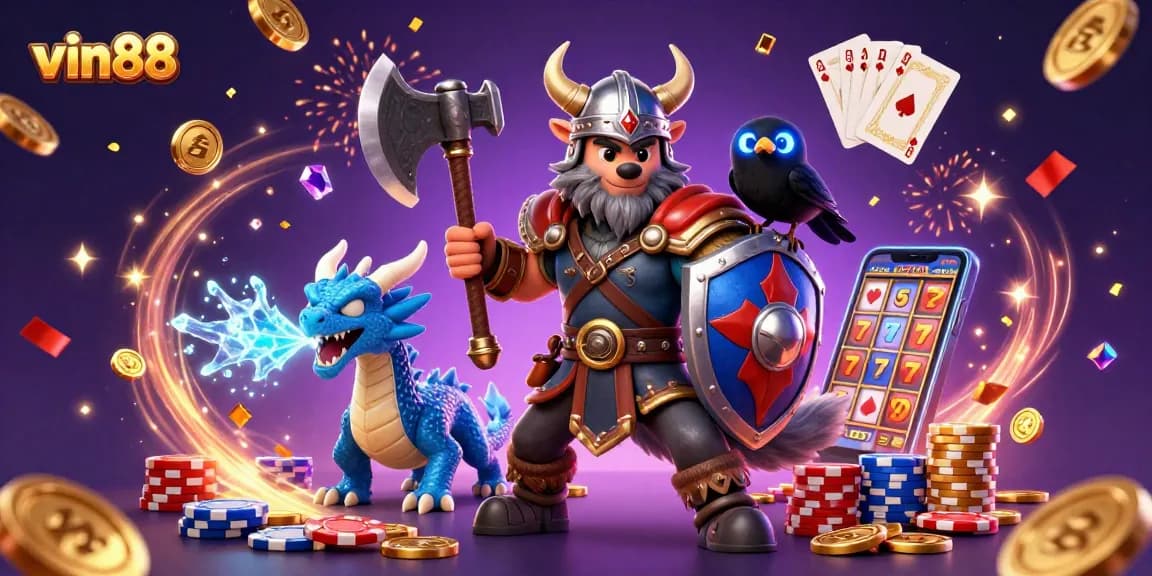 Engage with vin88's thrilling gaming experience through a vibrant illustration showcasing action in an online casino environment.