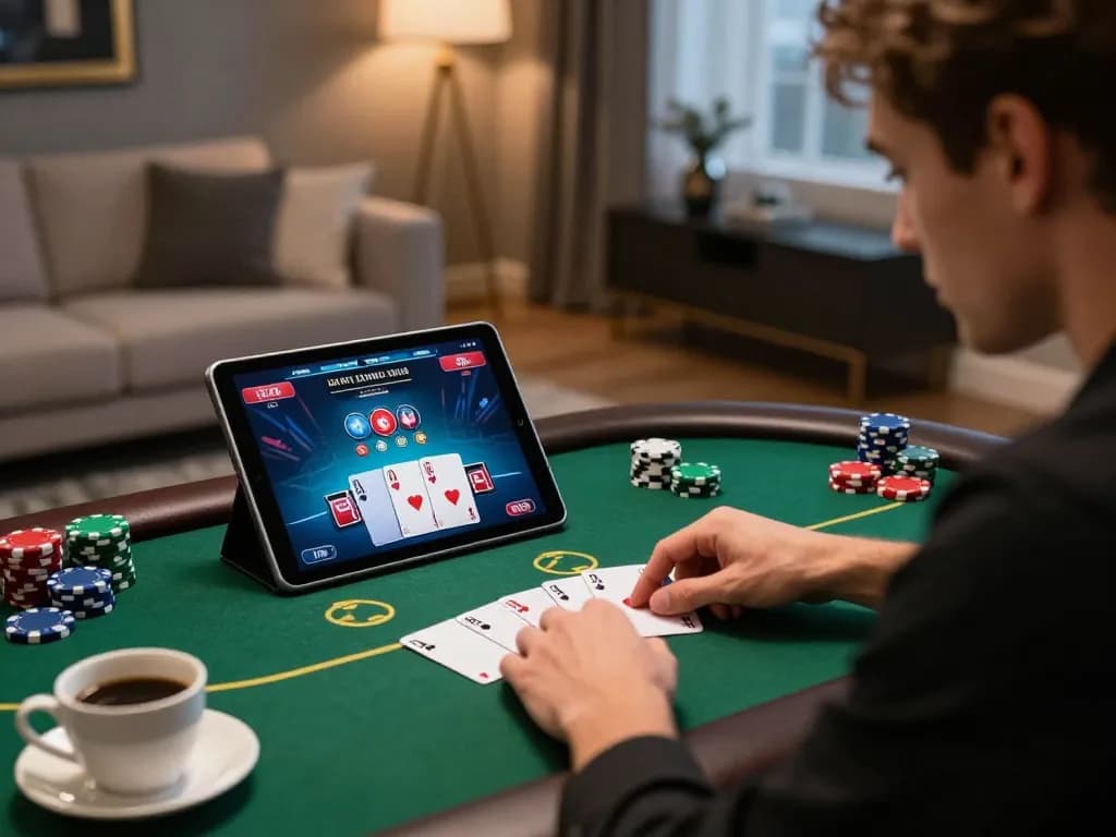 Player immerses in the va88 online casino poker game, analyzing cards in stylish home environment.