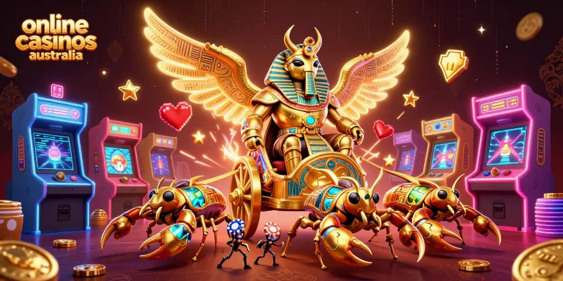 Engage with online casinos Australia in a vivid 3D illustration showcasing unique characters and gaming elements.