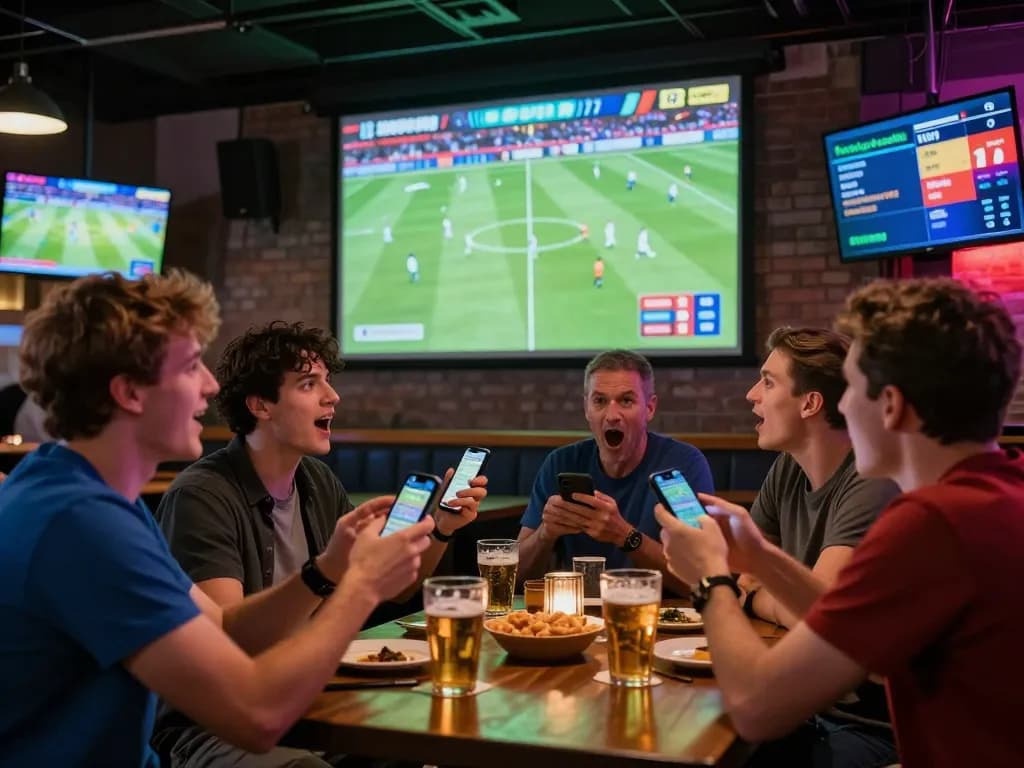 Excited fans engaging in truc tiep bong da while using mobile devices for live sports betting at a lively sports bar.