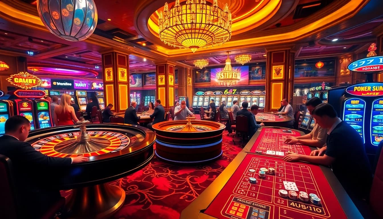Players enjoying the excitement of rr88 gratis promotions at a luxurious casino with roulette and poker tables.