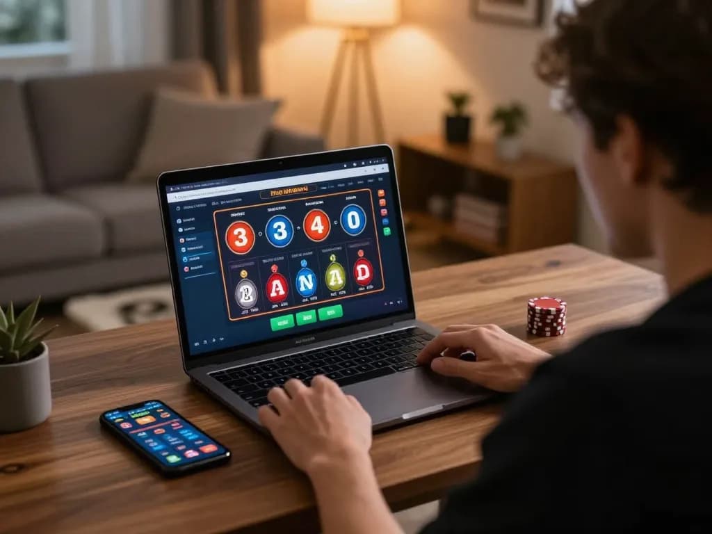 Engaging in online pokies real money gaming at home with laptop and smartphone, showcasing focused strategy.