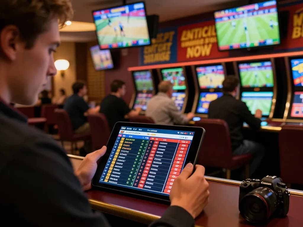 PHPVIP user reviewing sports betting odds on tablet in a lively betting environment.
