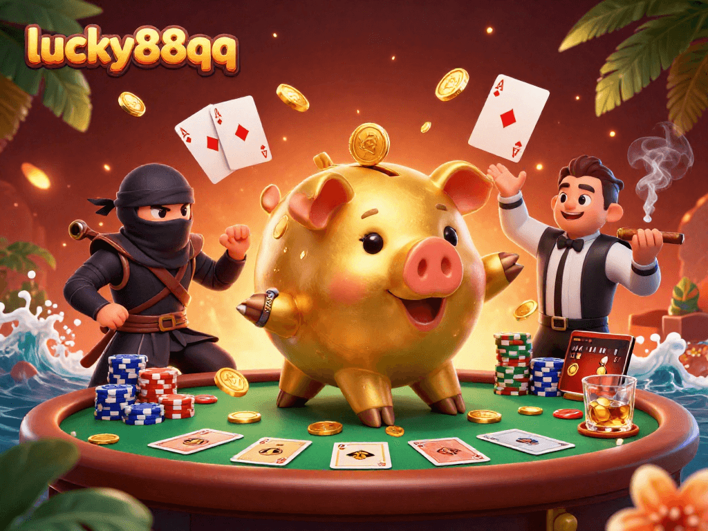 Experience high-stakes action with lucky88qq as characters like a golden piggy bank sumo wrestler clash in a vivid casino scene.