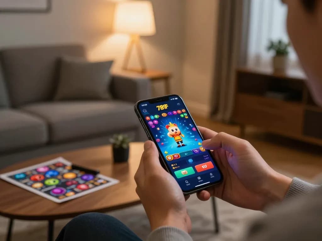 Player engaging with the 789f mobile casino app in a cozy home environment, emphasizing strategic gameplay