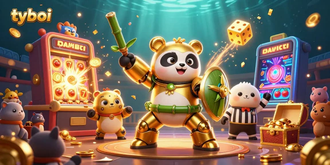 Experience thrilling gameplay with tyboi in this vibrant, dynamic casino illustration featuring a golden panda and jackpot elements.