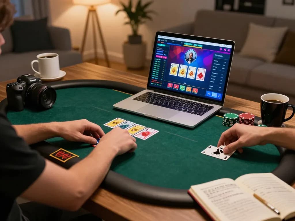 Engaging online poker gameplay on debet23, showcasing laptop interface and strategic notes for winning