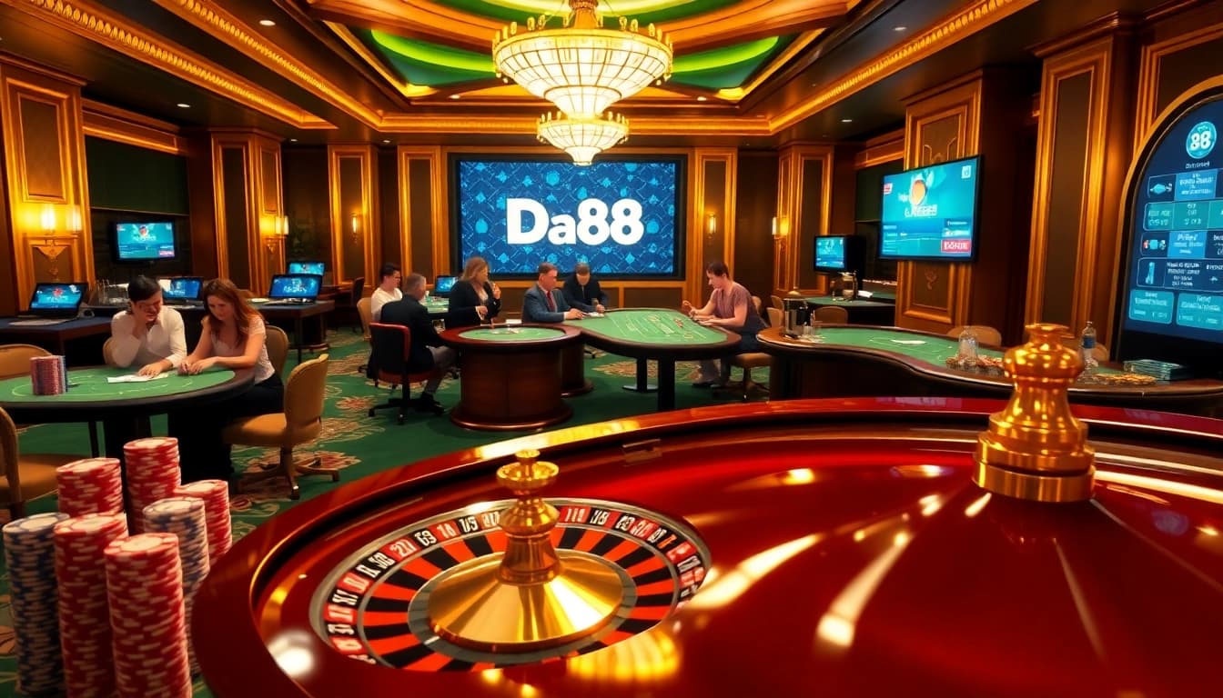 Experience thrilling gaming moments at Da88 with poker chips and a spinning roulette wheel.