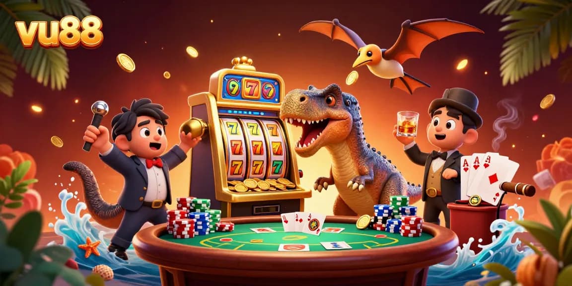 Experience a thrilling jackpot win at vu88 with exciting characters and vibrant casino elements.
