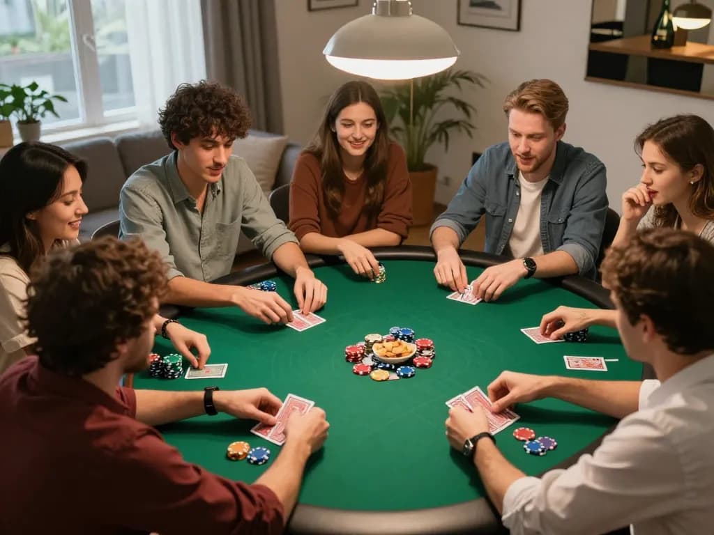 Players engaged in an exciting poker game at home, emphasizing social dynamics and strategic gameplay with tx88 camaraderie.