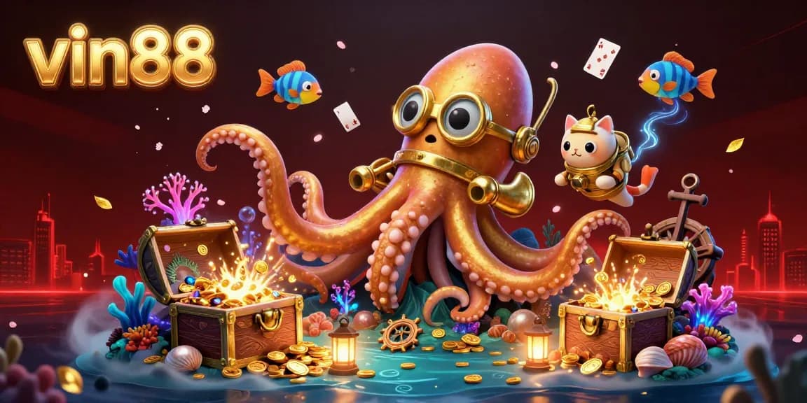 Play and win big at vin88 with vibrant gaming characters exploring a treasure-filled ocean of excitement.