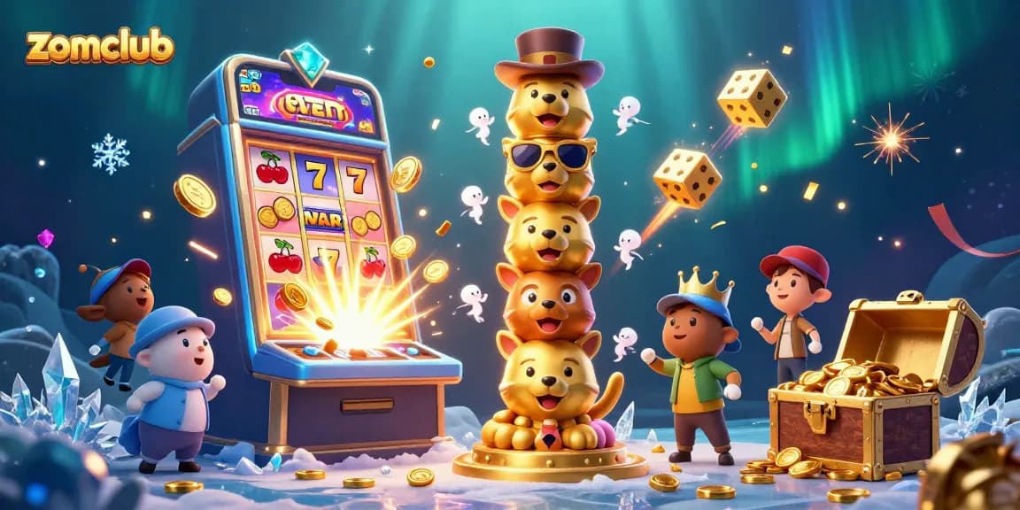 Zomclub invites players to enjoy thrilling moments with a vibrant casino-themed 3D illustration