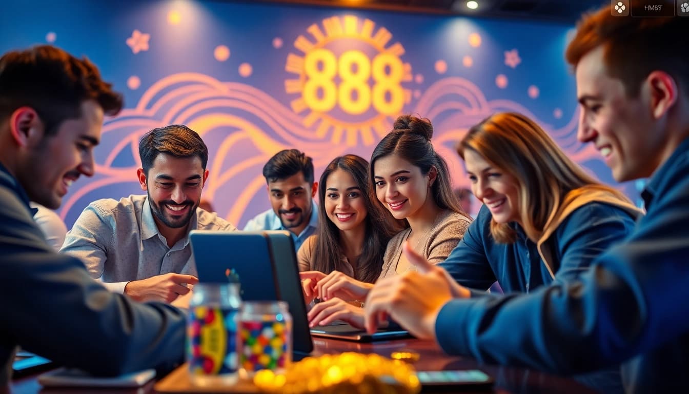 Exciting HM88 bet scene with diverse players engaging in online casino games, vibrant colors, and inviting atmosphere.