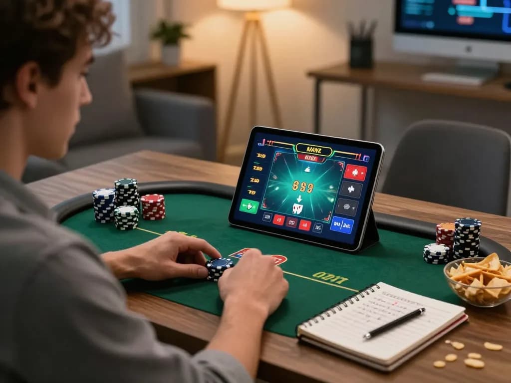 Engaged player using ae888a poker app in a stylish home office during an exciting online gaming session