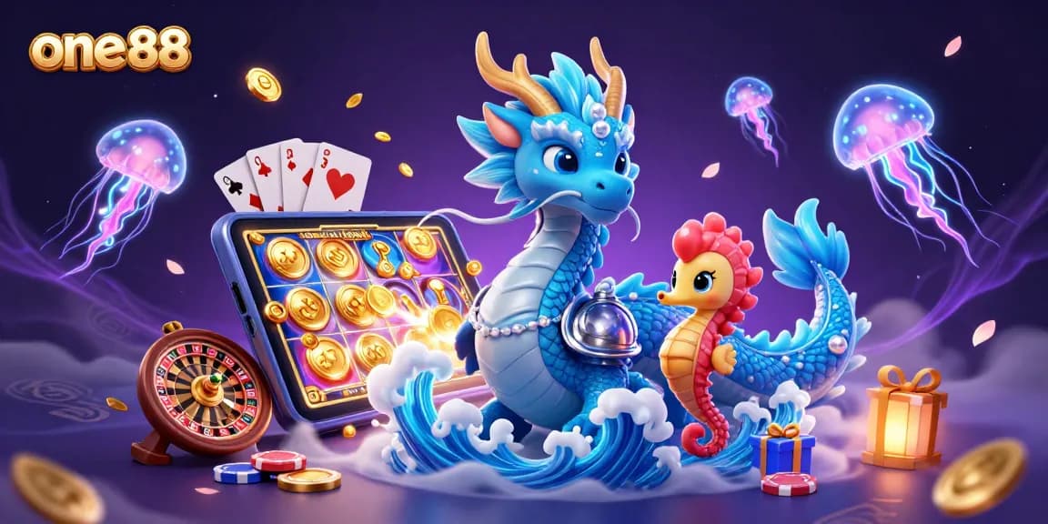 Experience thrilling gameplay with one88's fantasy features featuring a dragon, seahorse knight, and glowing jellyfish.