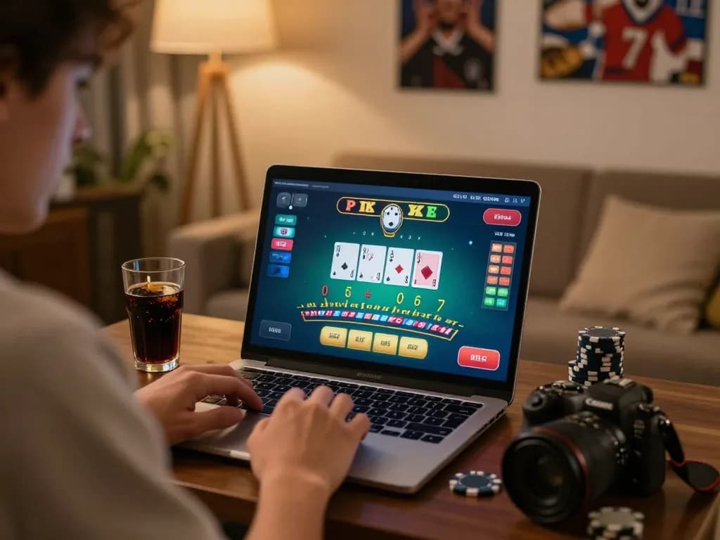 Player enjoying online blackjack on laptop at home while managing bankroll effectively with sc8888.