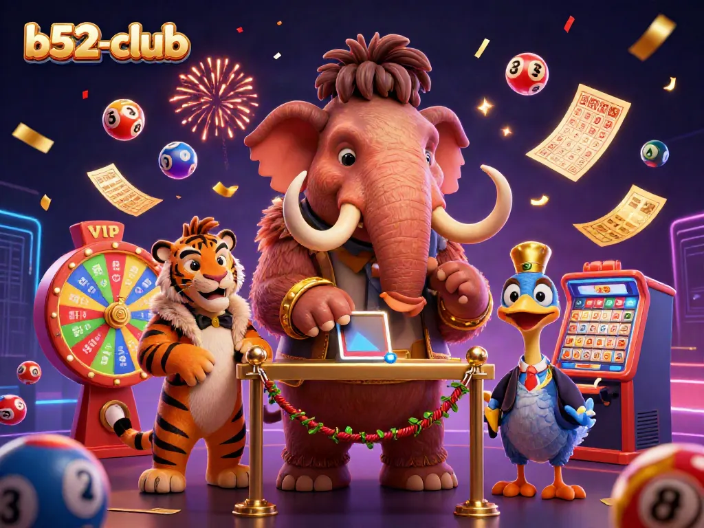 Engaging scene with b52-club characters celebrating casino gaming with dynamic lottery elements.