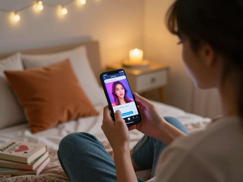Sexting AI interaction with a virtual girlfriend in a cozy bedroom setting.