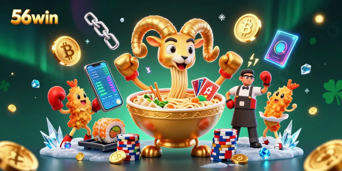 Engage with 56win featuring a dynamic 3D casino scene with cartoon characters and crypto elements.