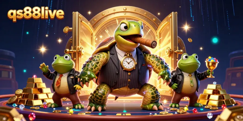 Engage with qs88live in a vibrant casino world, featuring a cartoon turtle mobster and frog enforcers amid gold treasures.