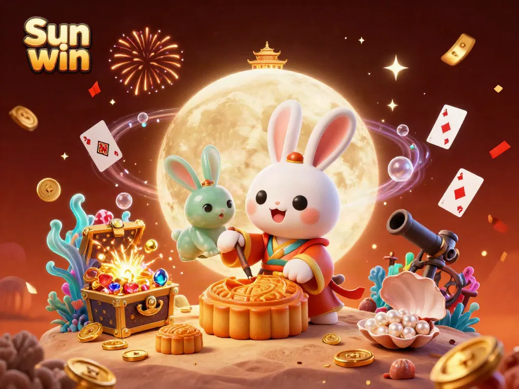 Experience the ultimate fun with Sun win as the moon rabbit plays amidst vibrant casino-themed treasures and excitement.