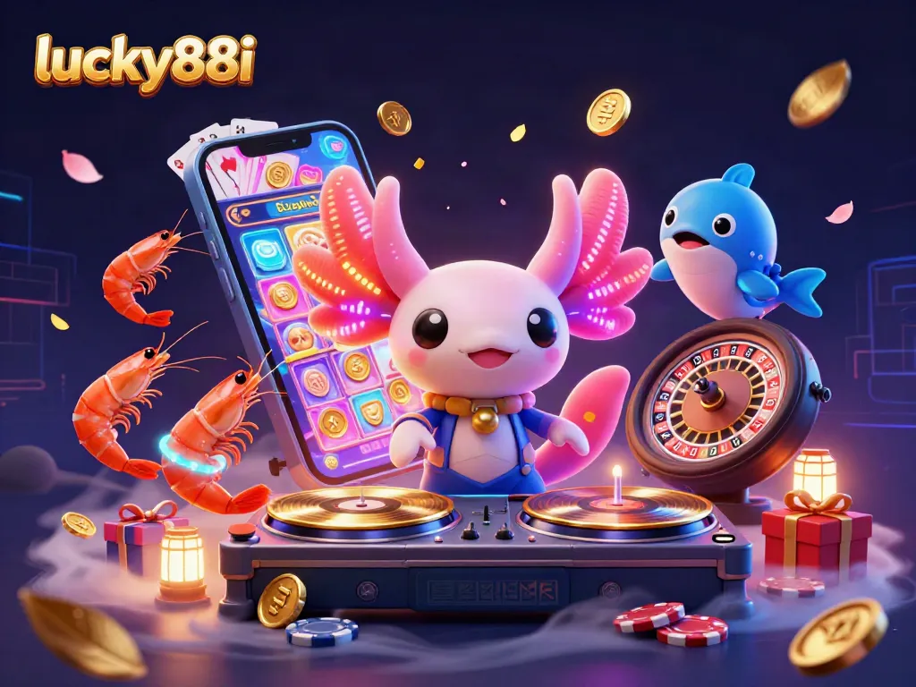 Engage with lucky88i's thrilling casino scene featuring a vibrant axolotl DJ and dancing shrimp.