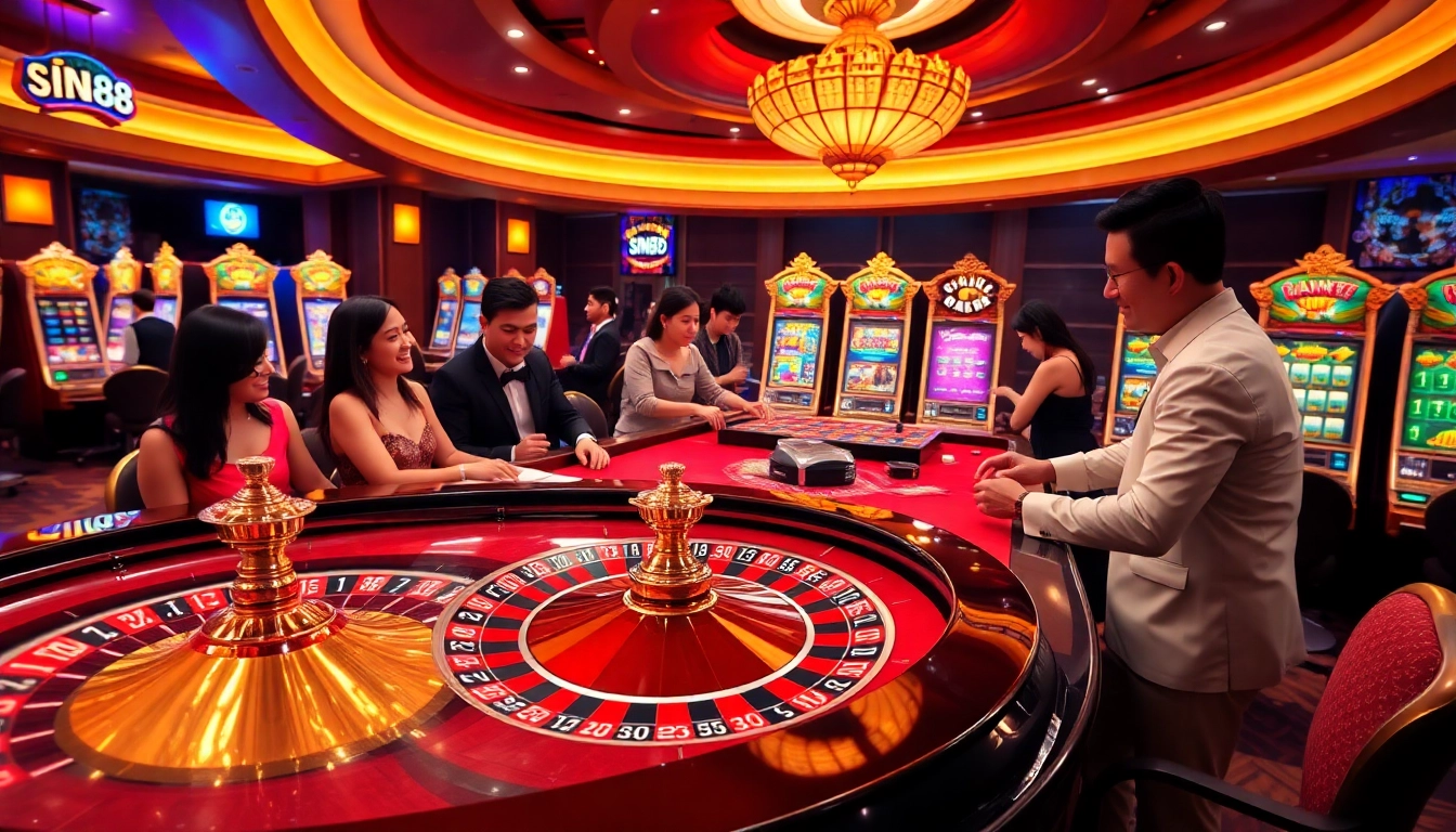 SIN88 offers an exciting casino experience with players enjoying betting at roulette and vibrant slot machines.