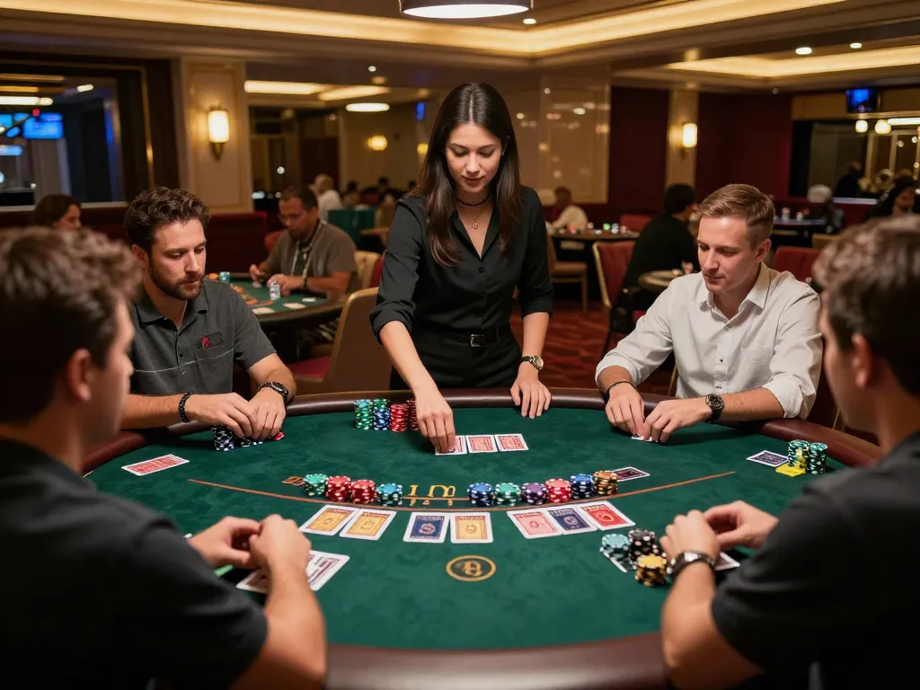 Engaged players at a 98win vin Blackjack table strategizing and placing bets in a vibrant casino atmosphere.