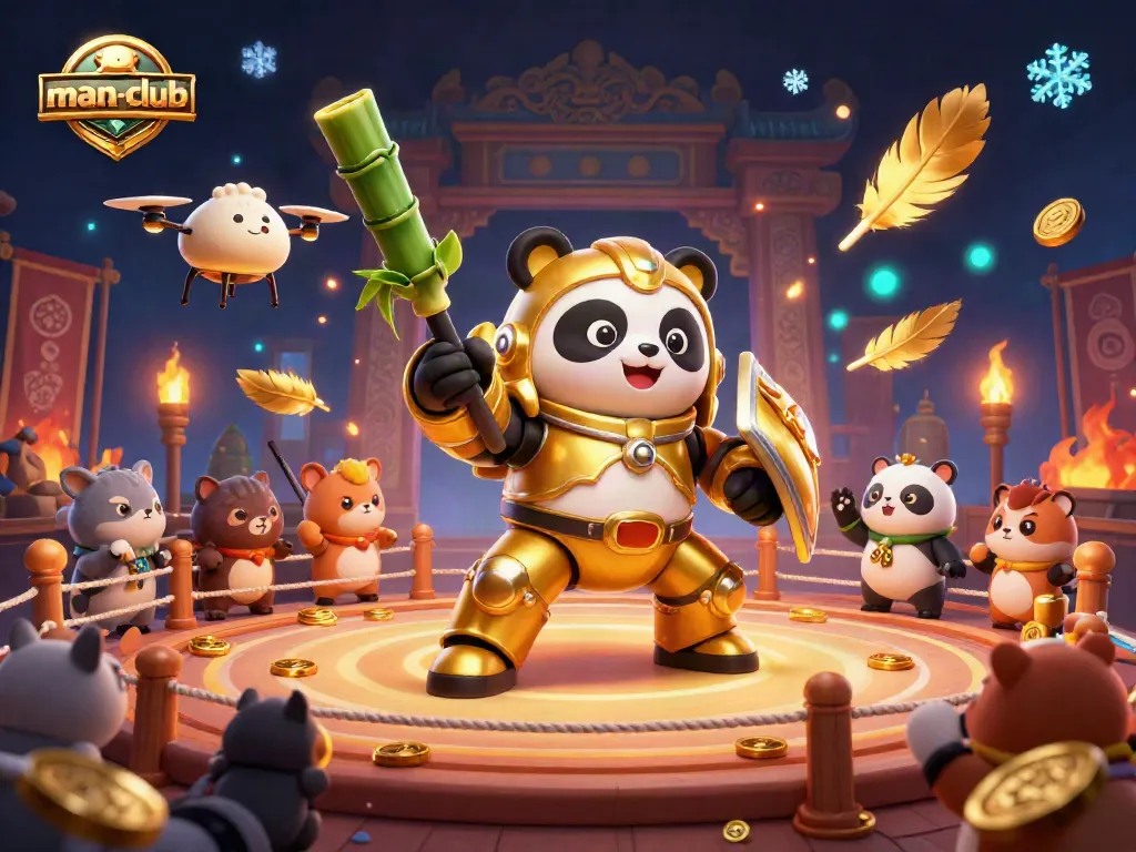 Join the excitement at man-club's casino arena with a panda pilot, gold coins, and dynamic action!