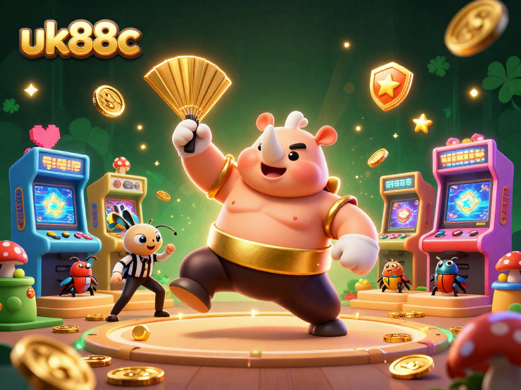 Engage with the thrilling uk88c session featuring a sumo beetle champion amidst swirling coins and vibrant casino elements.
