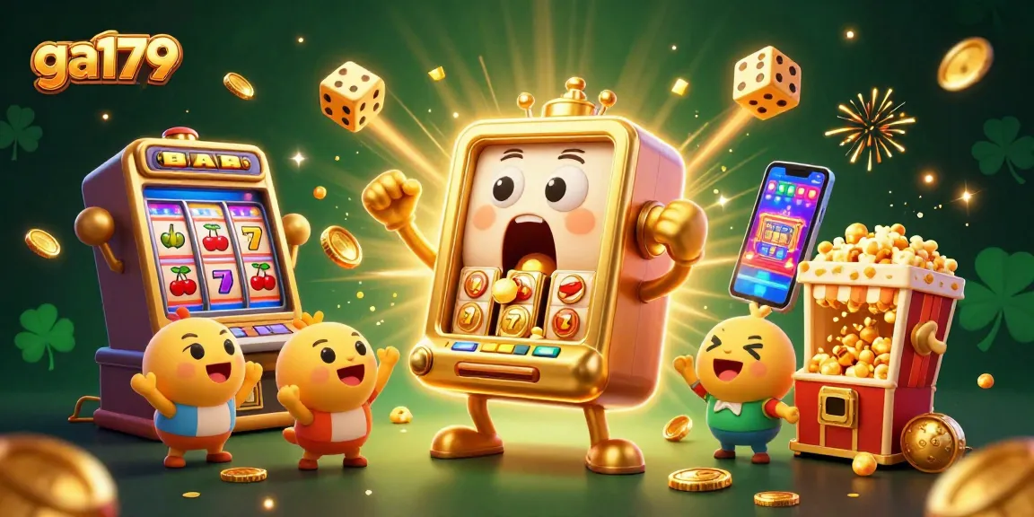 Engage in thrilling jackpots at ga179 with cartoon slot machines celebrating a big win, surrounded by casino game magic.