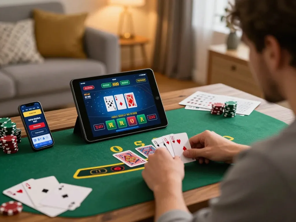 Player enjoying live blackjack on Sin88 at home with tablet and strategic notes