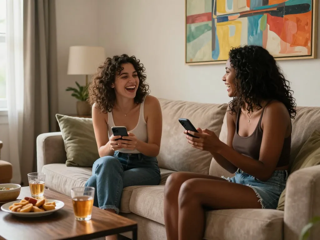 Engaging sex chat scene in cozy living room with individuals sharing laughter and smartphones.