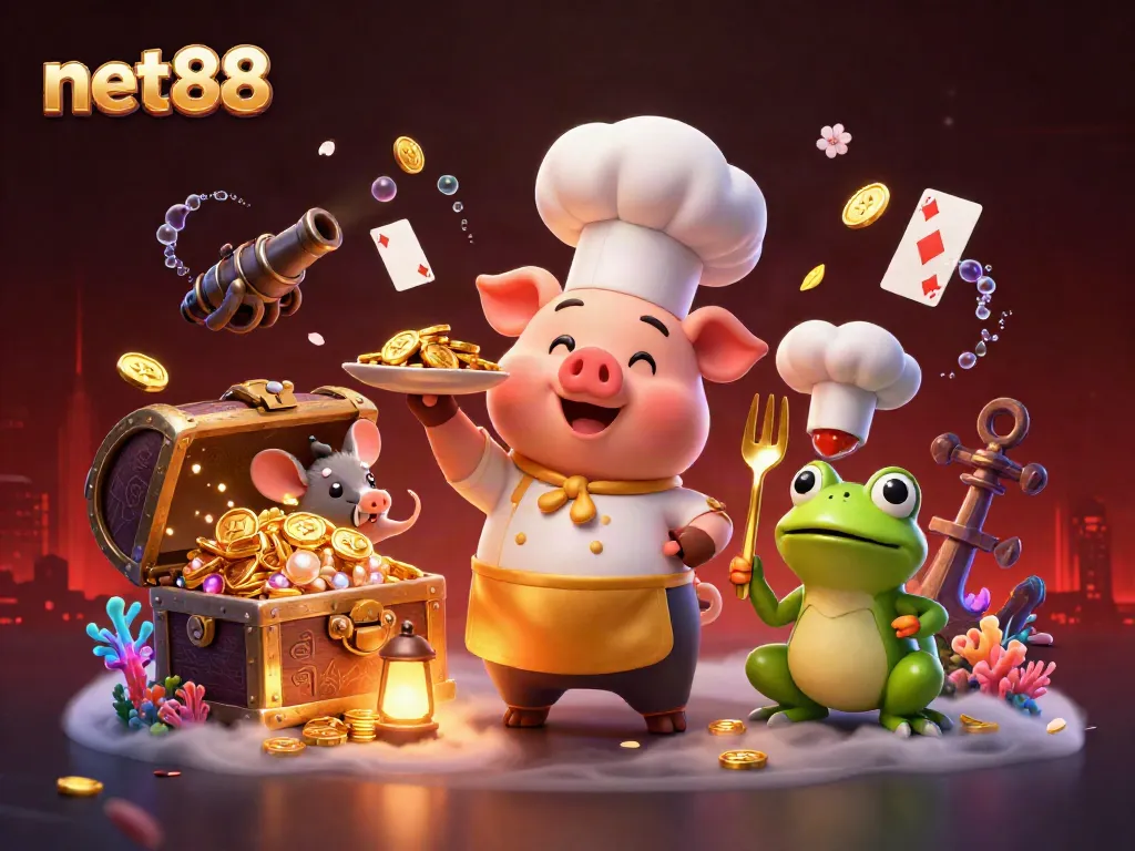 Experience thrilling action at net88 with gourmet coins served by a pig chef in a vibrant casino scene.