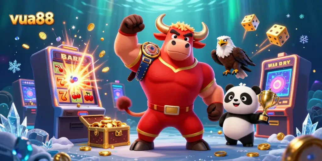 Experience the excitement of vua88 with a vibrant cartoon casino scene featuring dynamic characters and game elements.