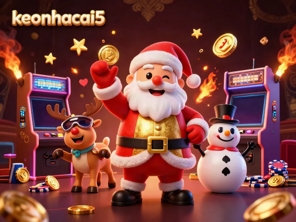 Experience the excitement of keonhacai5 with Santa and friends in a vibrant casino scene.