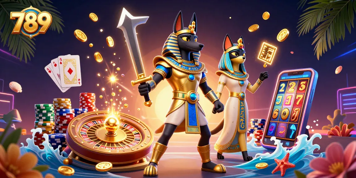 Experience thrilling 789 gaming action featuring Anubis and Bastet amidst vibrant casino elements.