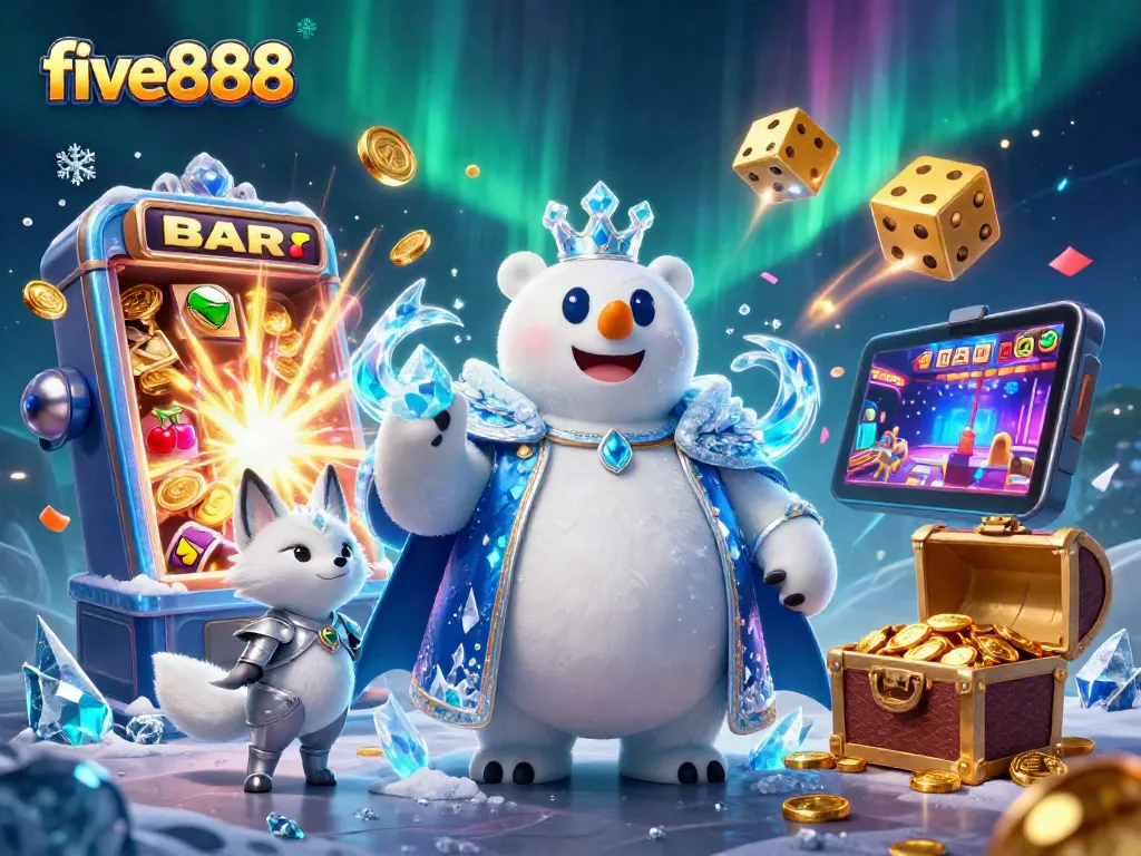 Experience the excitement of five888 with a dynamic casino scene featuring a slot machine explosion and magical characters.