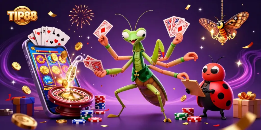 Experience the excitement of TIP88 with a vibrant 3D casino scene featuring a card sharp and pit boss.