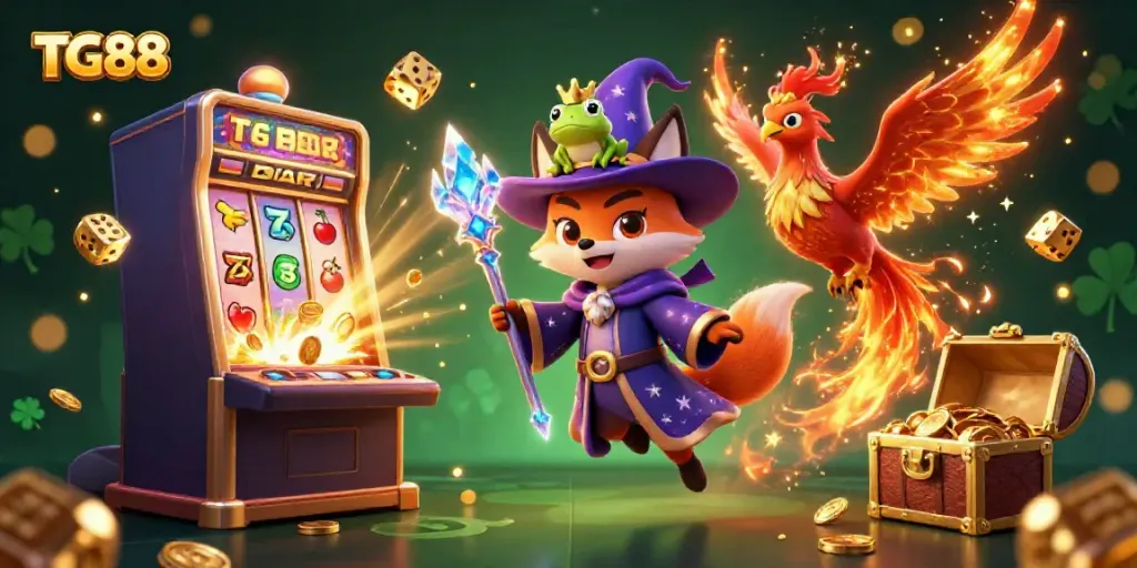 Experience thrilling jackpots at TG88 with a mystical wizard and phoenix in a vibrant casino scene.