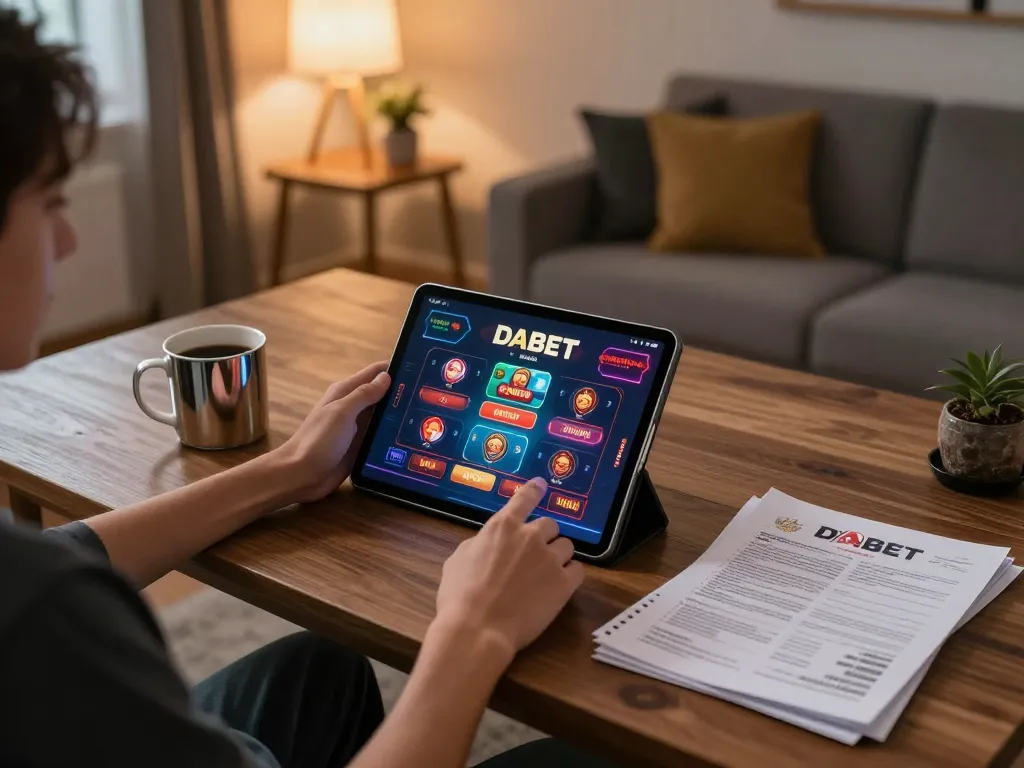 DABET online gaming experience with a person engaging on a tablet in a cozy home atmosphere.