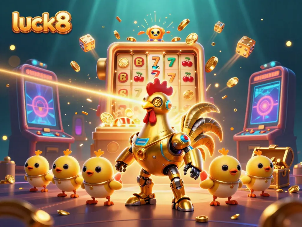 Experience the dynamic action of luck8 with a golden rooster robot and lively baby chick drones in a colorful casino environment.