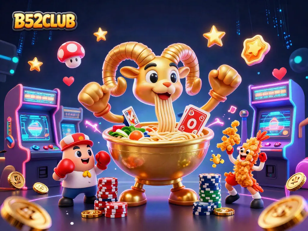B52CLUB showcases a lively casino scene with cartoon food characters engaging in gaming activities.