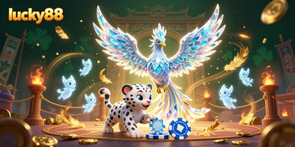 Experience the magical world of lucky88 with an ice phoenix and dancing sprites in a vibrant casino scene.