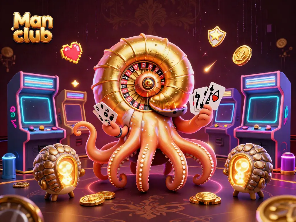 Spin and win at Man club with an ancient nautilus roulette wheel and glowing cards.