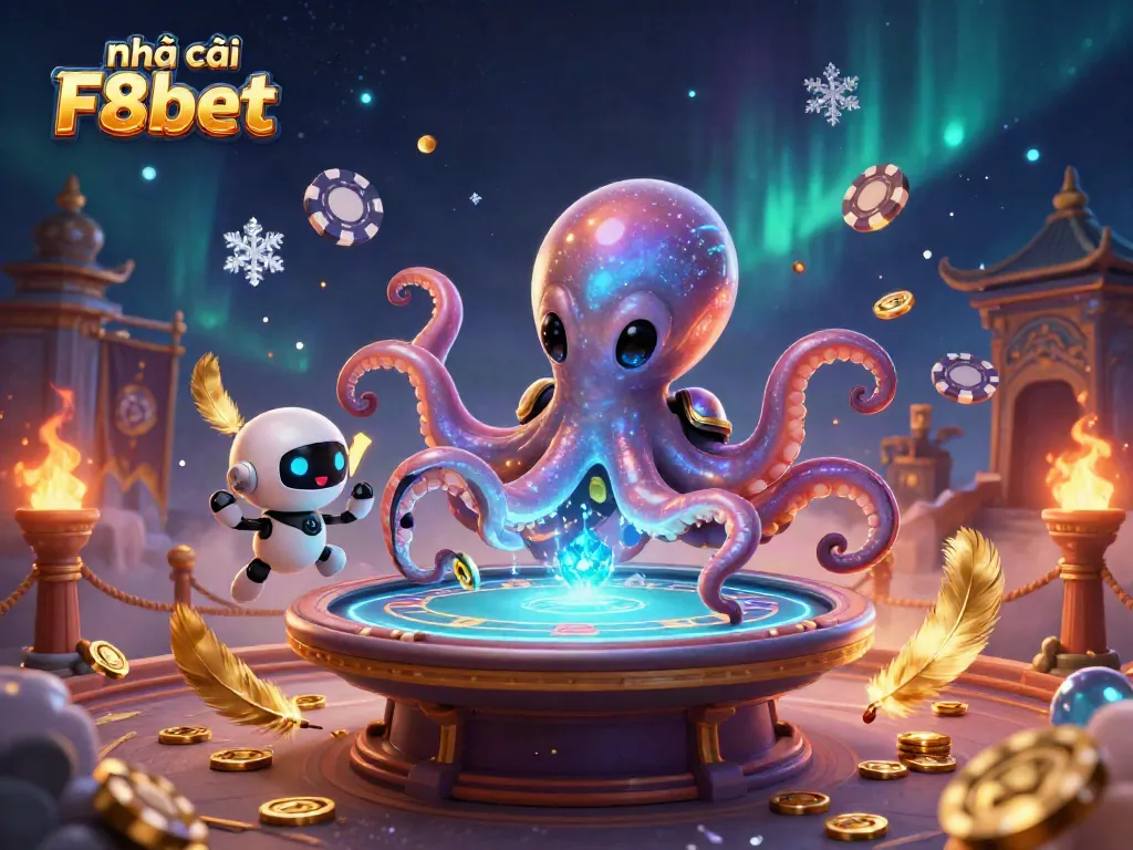 Engage with the vibrant 3D scene of Nhà cái F8bet featuring an alien octopus at a poker table.