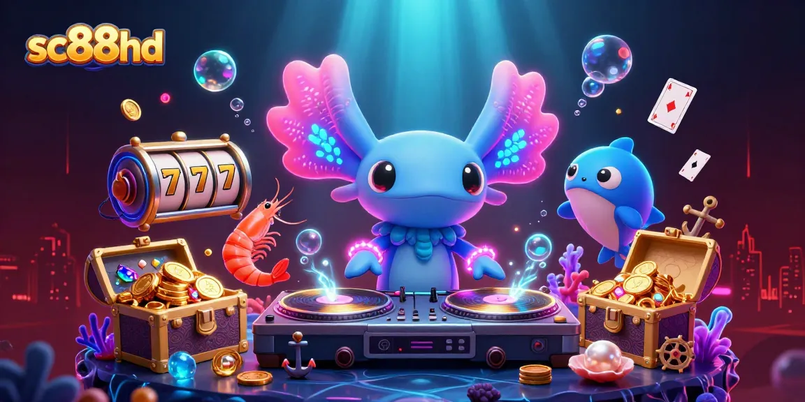 Spin to win at sc88hd with a vibrant underwater casino party featuring a DJ axolotl and lucky slot reels.