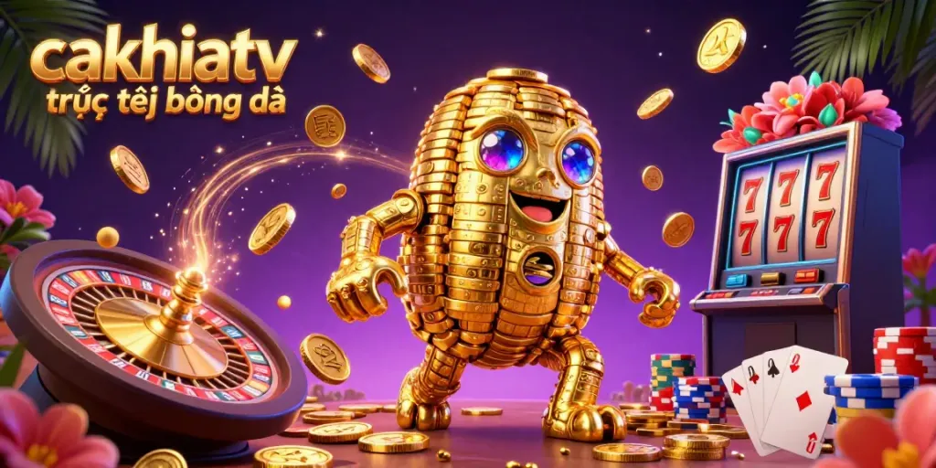 CakhiaTV trực tiếp bóng đá animated scene featuring a golden golem among sparkling casino elements.