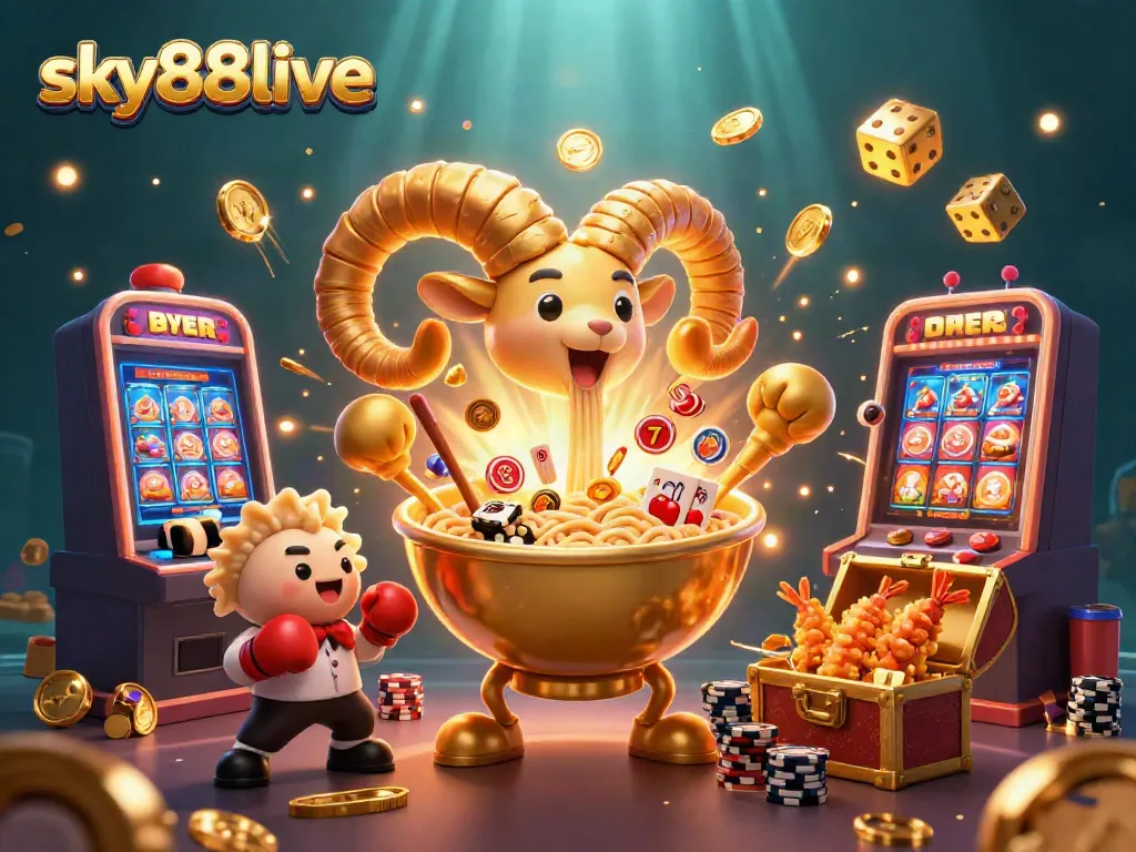 Experience the excitement of sky88live with a vibrant casino-themed illustration showcasing dynamic characters and game elements.