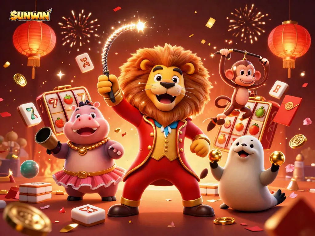 SUNWIN brings excitement with a whimsical casino scene featuring colorful characters and vibrant symbols of luck.